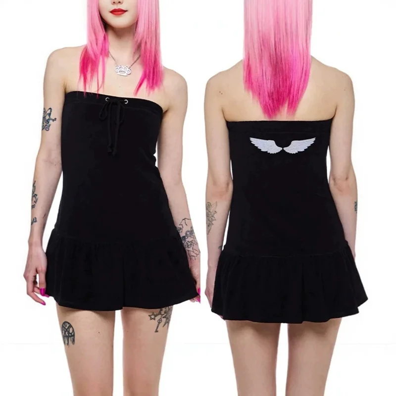 Women Tube Mini Dress Strapless Drawstring Ruffle Hem Angel Wing Graphic Slim Party Club Y2K Gothic Streetwear Fashion Outfit