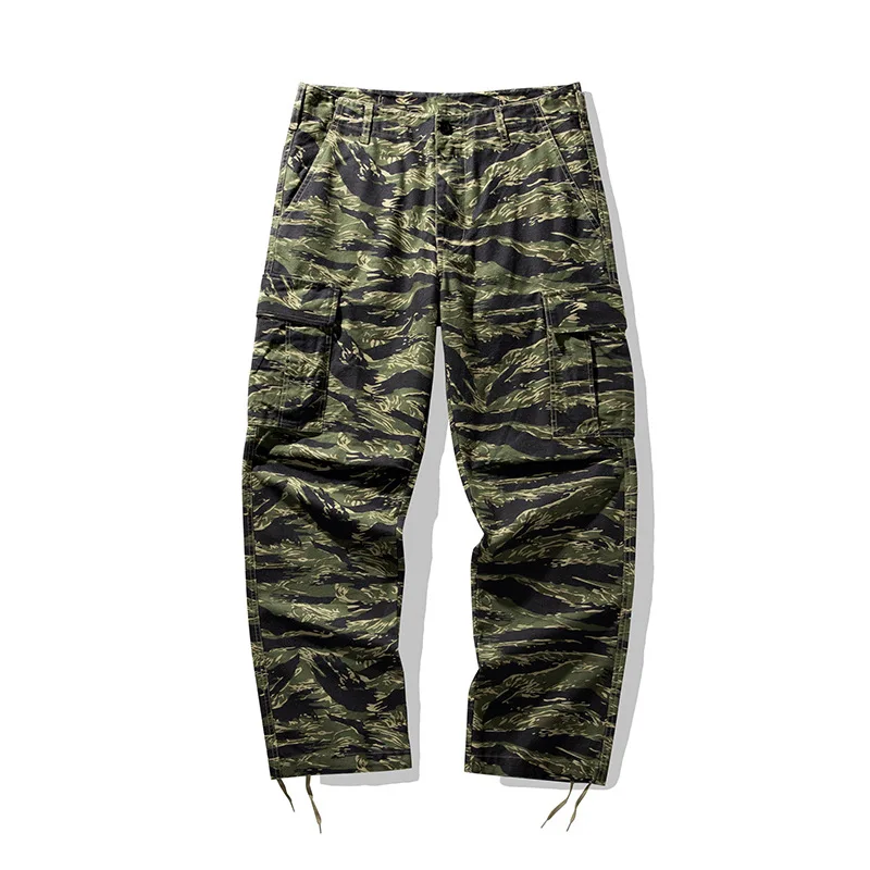 Drawstring Leg Heavyweight American Casual Pants Tiger Pattern Camo M-65 Men Multi Pockets Camouflage Workwear Straight Trousers