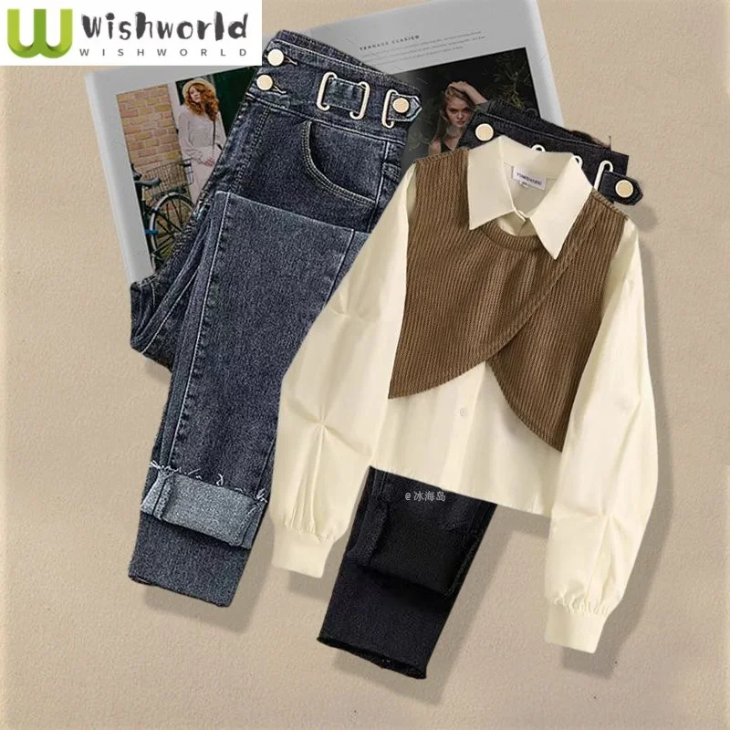 Spring and Autumn Fashion Set 2024 New Korean Edition Fake Two Piece Casual Western Style Shirt Slimming Jeans Two Piece Set