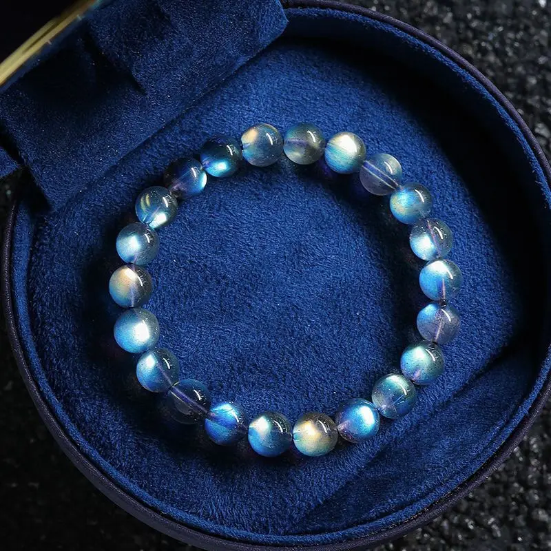 Imagem -06 - Ice Grey Moonstone Pulseira Colecionável para Mulheres Luz Azul Forte Rainbow Lavolite Anel Único Jóias de Cordas de Mão Presentes Natural