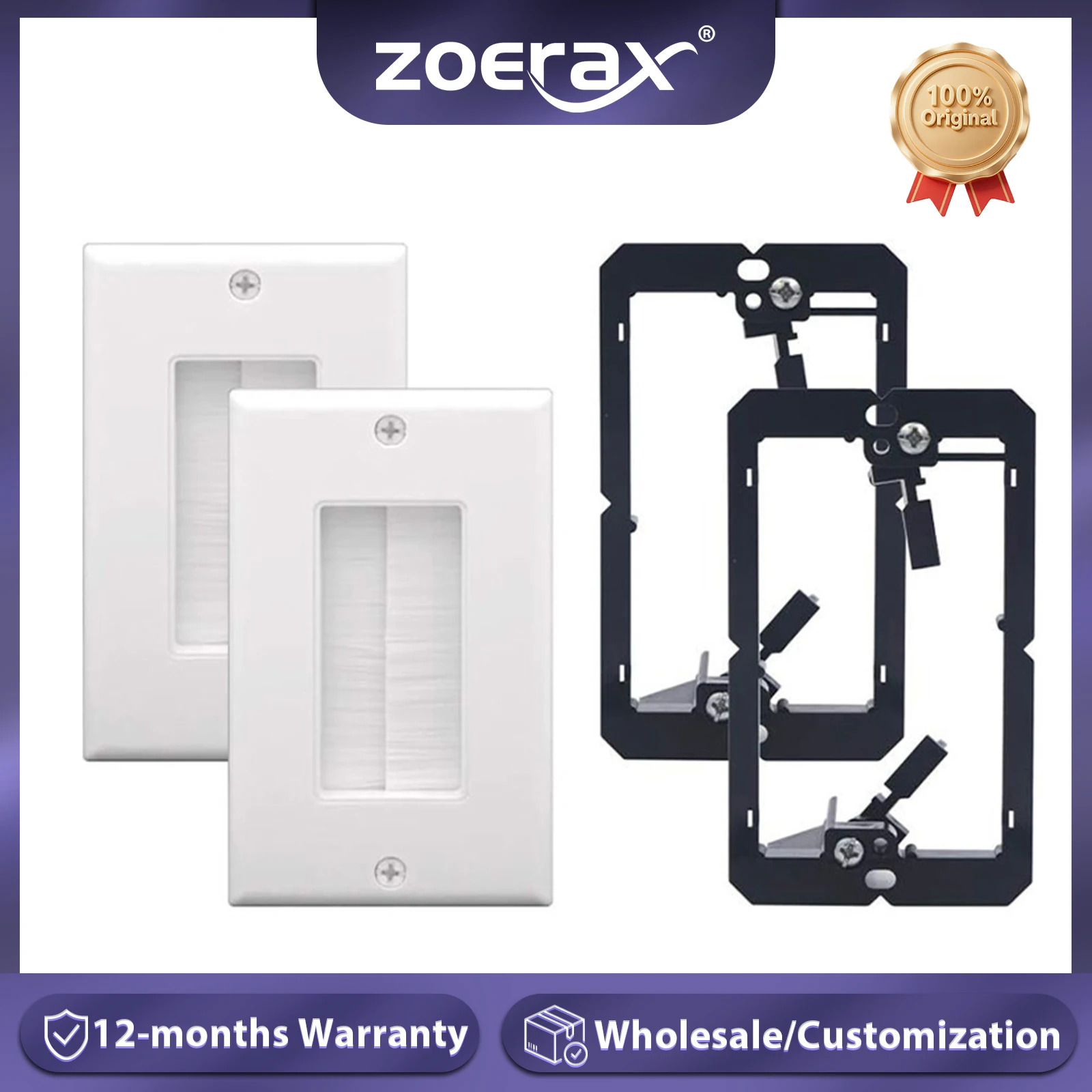 ZoeRax Brush Wall Plate with Bracket, Cable Pass Through Insert with Single Gang Decorator Cover for Low Voltage Cables