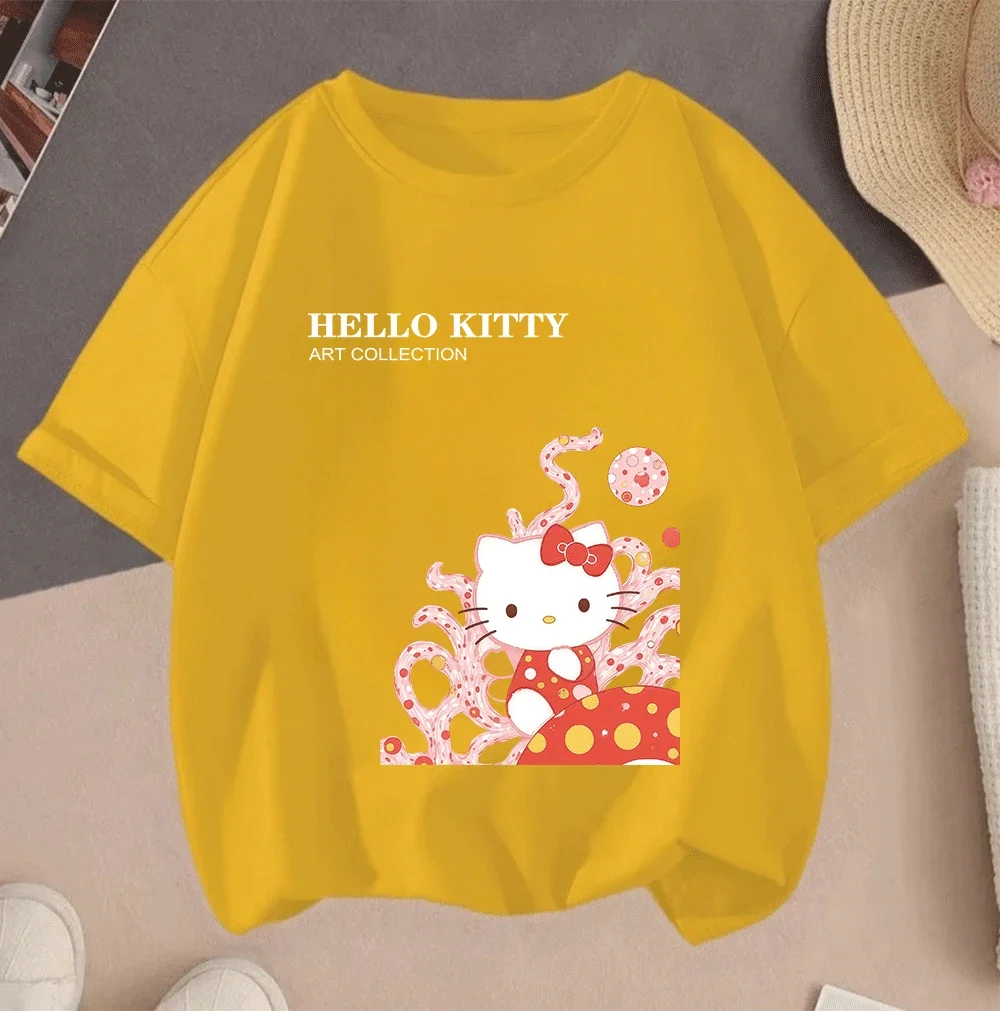 

2026 New Casual Summer Short Sleeve Hot Sale Hello Kitty 2D Cartoon Tops For Teenagers Kids Girls Boys Print