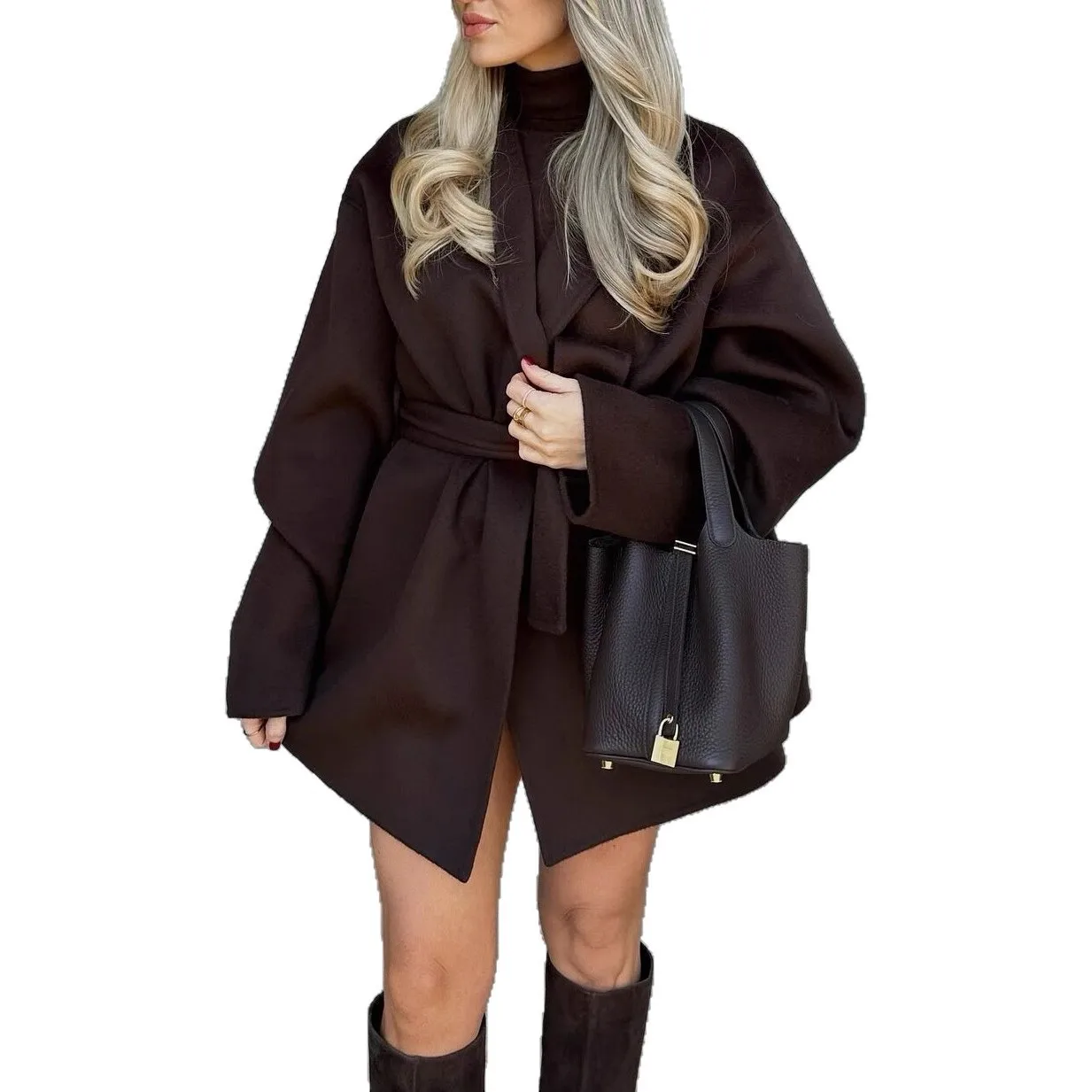 Elegant Women's Lace Up Woolen Coat Belt Stand Collar One Button Full Sleeve Jacket 2026 Autumn Winter Lady Warm Outwear New