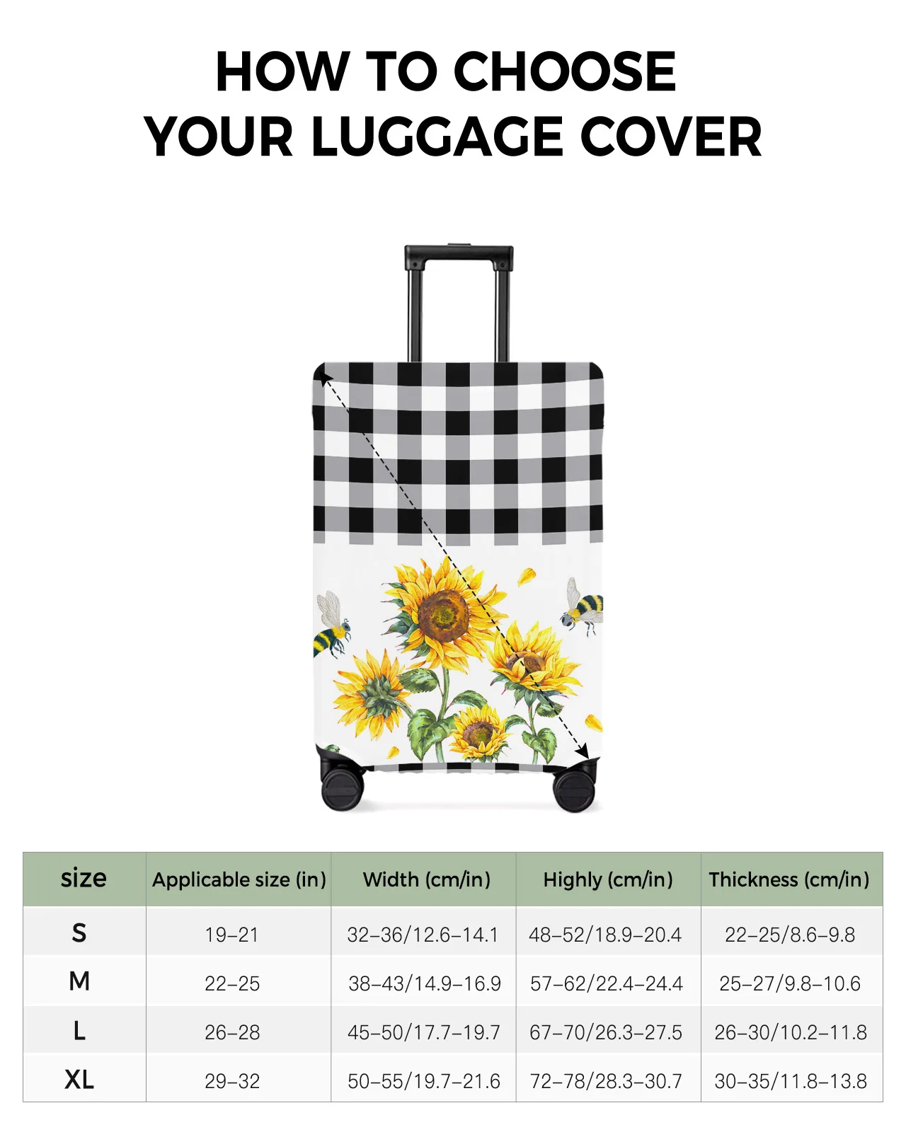 Farm Sunflower Bee Plaid Luggage Cover Stretch Suitcase Protector Baggage Dust Case Cover for 18-32 Inch Travel Suitcase Case