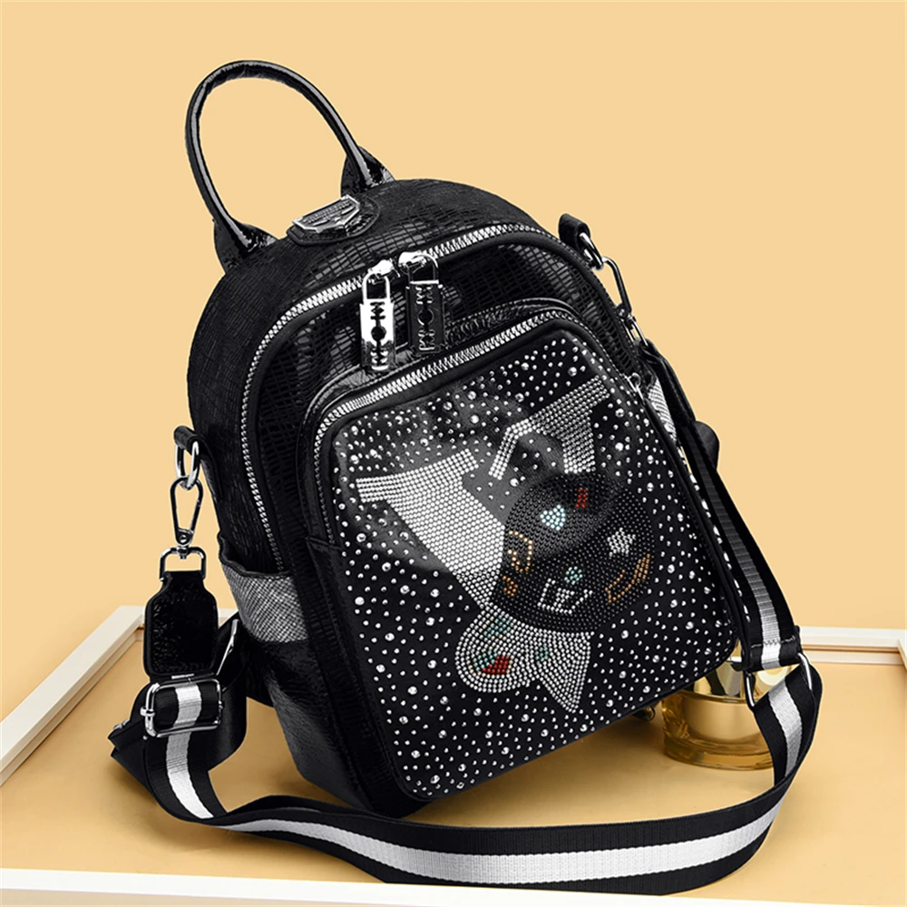 Luxury Brand Women Leather Backpacks for Girls Sac A Dos Casual Daypack Black Diamonds School Bags for Girls Mochila Rucksack