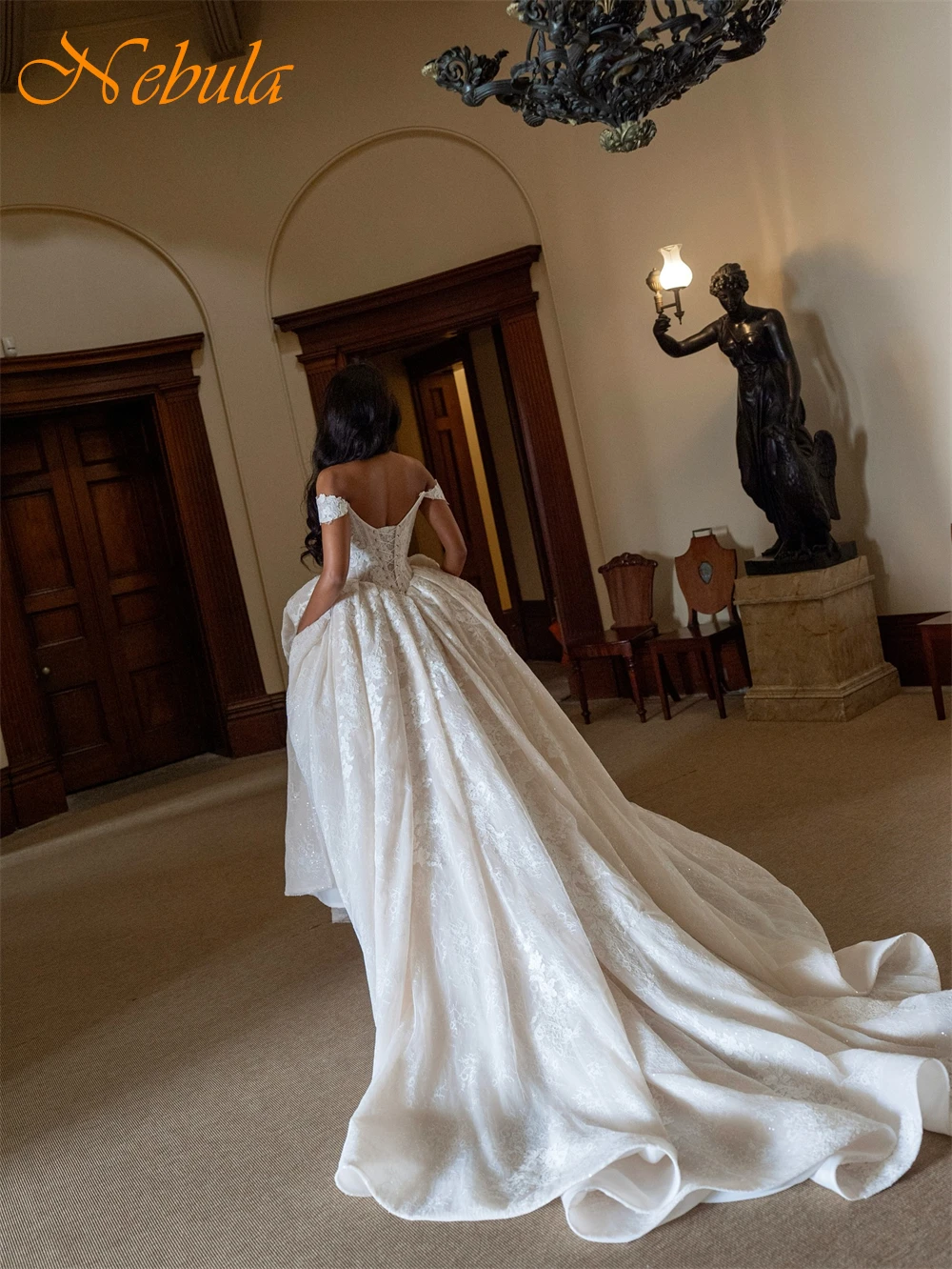 تخصيص بوهو الأبيض الأورجانزا فستان الزفاف مثير الحبيب قبالة الكتف فستان زفاف بوهو ألف خط ذيل شابيل رداء دي mariée #6