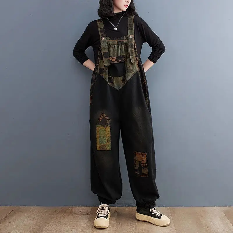 Oversized Washed Printed Jeans For Autumn 2023 Women\'s Casual Fashion Versatile Artistic Color Matching Denim Jumpsuit Z3621