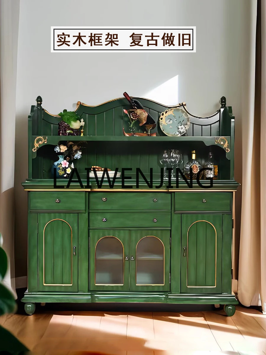 American-Style Solid Wood High Cabinet Wall-Mounted Kitchen Shelf Wine Cabinet Integrated Retro Green Furniture