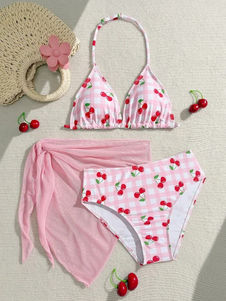 Girls Kids Bikini Swimsuit 2026 New Pink Cherry Halter Children Swimwear Summer Three Piece Mesh Beach Cover Up Bathing Suits