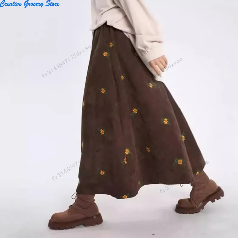 

Вельветовая юбка-миди трапециевидной формы с вышивкой в стиле ретро, женские осенне-зимние юбки средней длины с цветочным принтом «Лесная система»