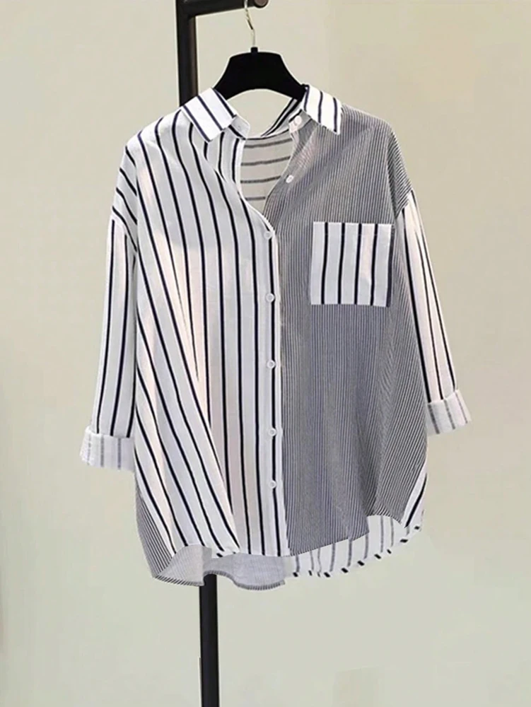 

Женская полосатая рубашка с длинным рукавом, летняя повседневная свободная блузка с V-образным вырезом на пуговицах, оверсайз, в стиле пэчворк, в полоску