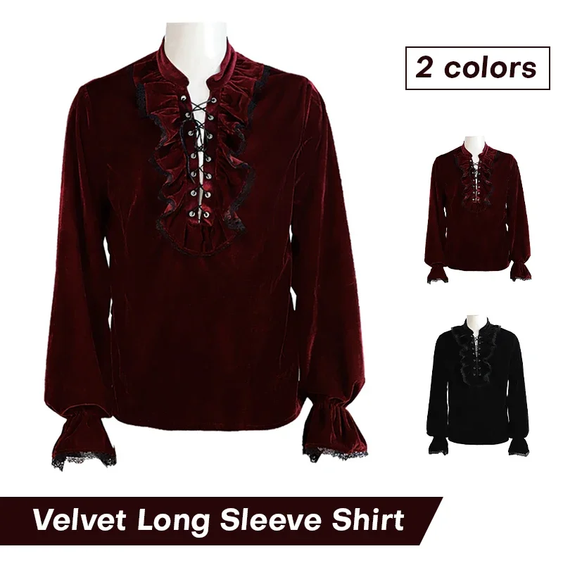 Cosplay Medieval Gothic Mens Velvet Shirt Autumn Long Sleeve Lace Up Retro Velour Shirt Party Stage Prince Costume Chemise Male