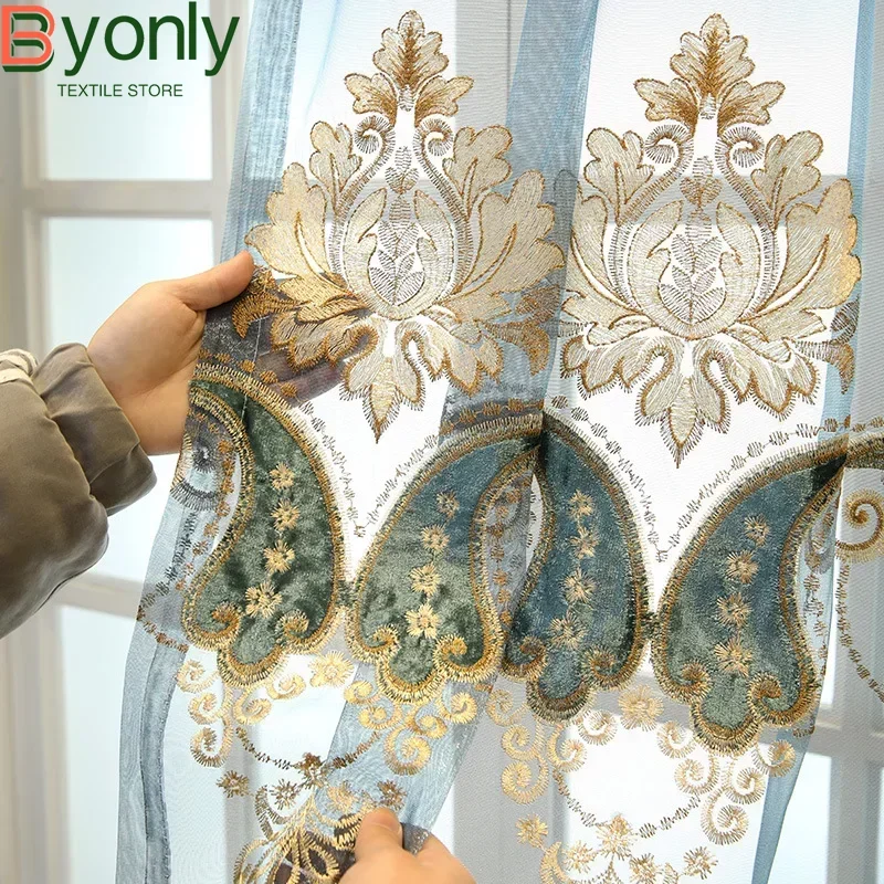 

Blue Pepper Flocking Embroidered Window Curtains for Living Room Bedroom French Window Balcony Window Customized Sheer