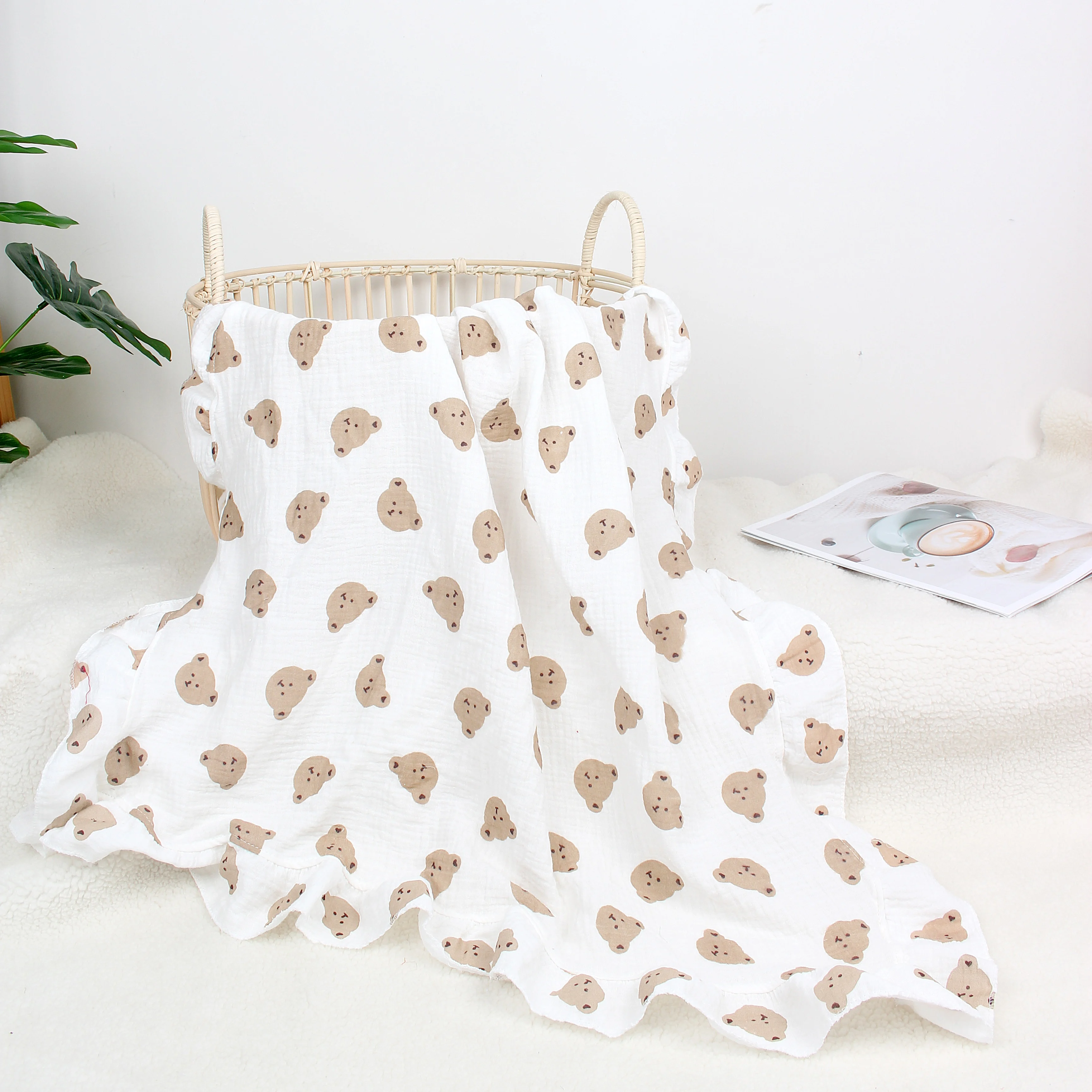 Baby  Organic Cotton Wrap Gauze Ruffle Baby Blanket Newborn Security Muslin Swaddle Blanket