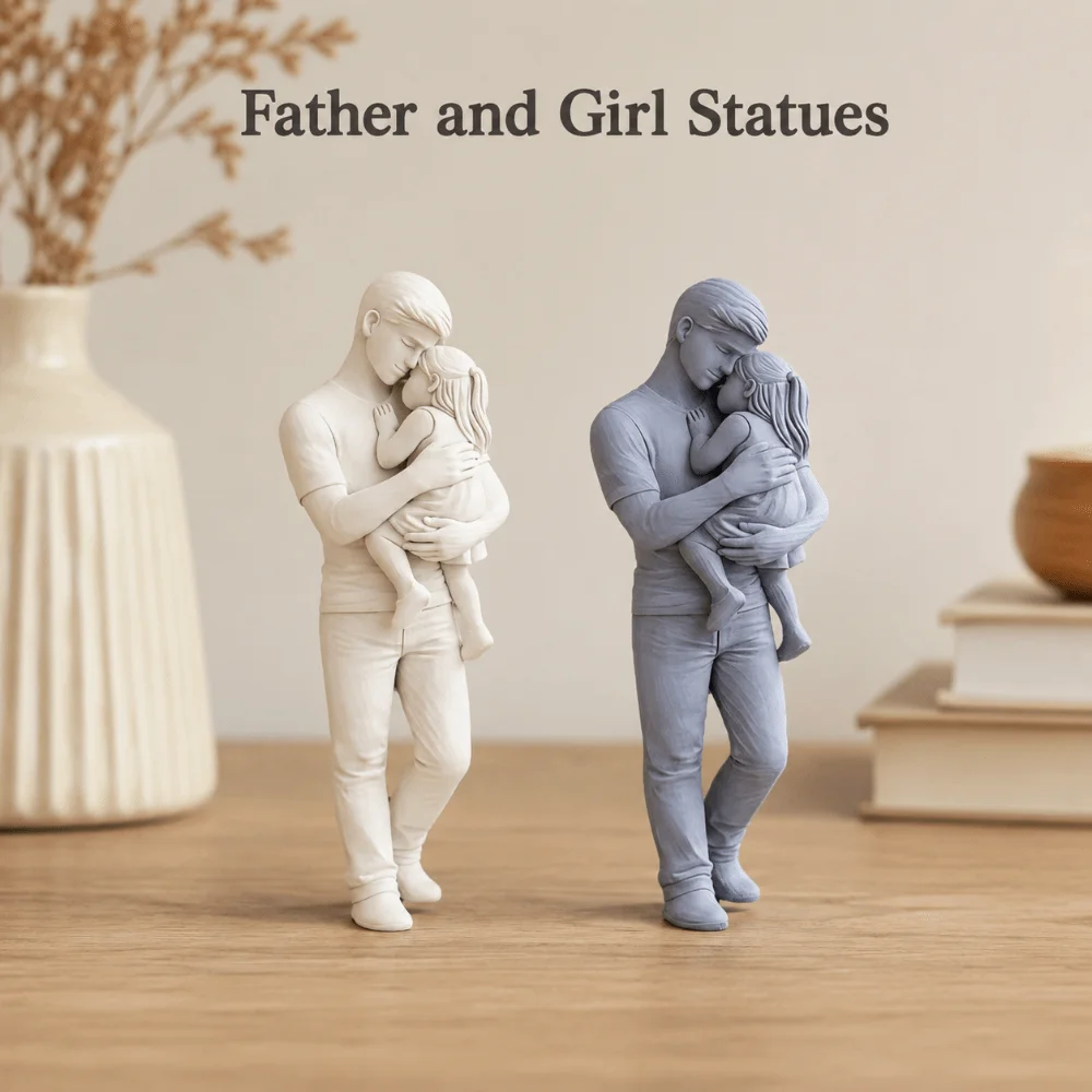 3D Printed Father and Girl Statues Standing Decoration Desktop Girl Figurine Cute Unique Hug Kids Sculpture Home Office Decor