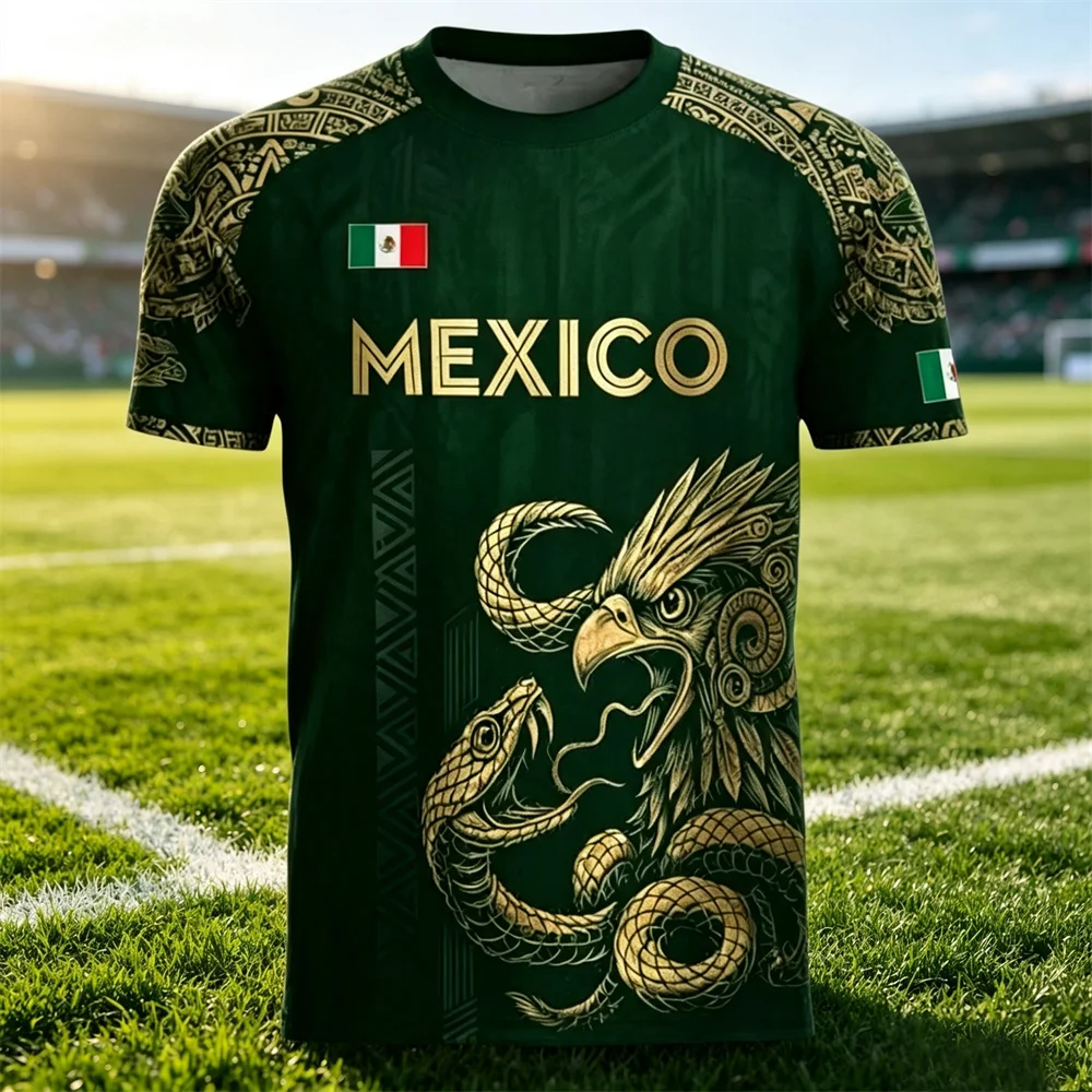 Mexico Eagle Snake Graphic Soccer Jersey, Men Breathable Sports Football Shirt, National Team Short Sleeve Training Uniform Fan
