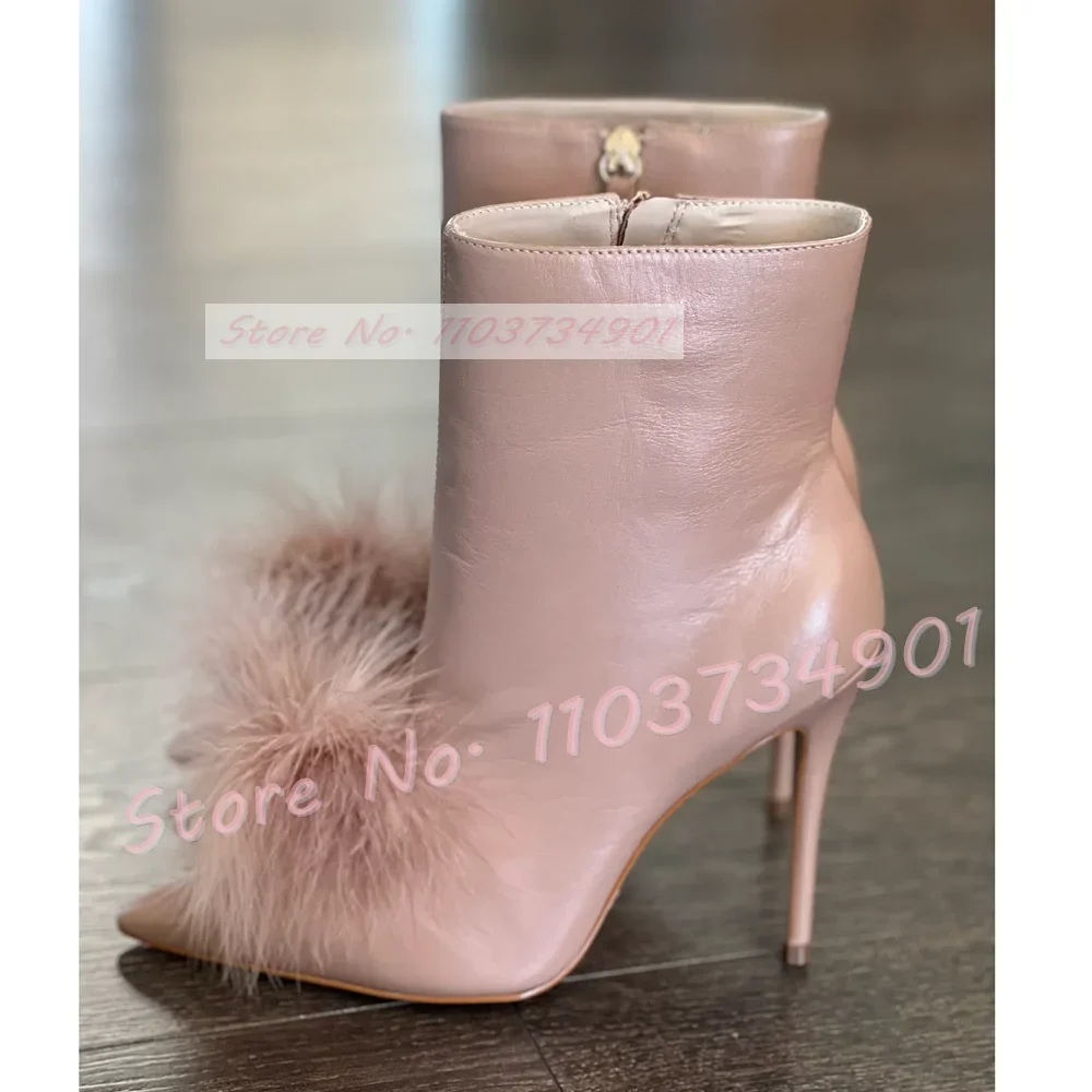 

Fur Pointed Toe Pink Ankle Boots Women Fashion Side Zipper Feather Stiletto Booties Ladies Elegant Big Size High Heels Shoes