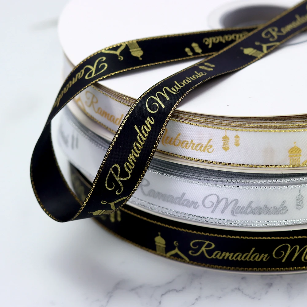 Ramadan Mubarak Ribbon Custom Printing Arabic Muslim Favor Box Wrapping Satin Strip Islamic Pilgrimage Garment 100yards/Lot