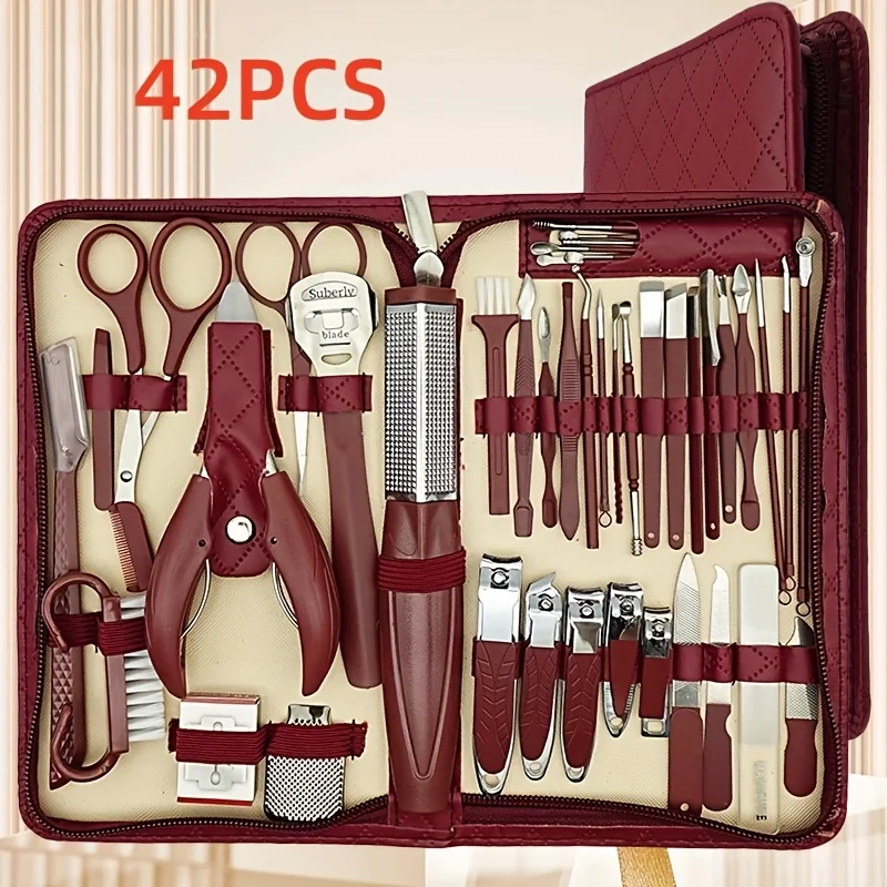 Set professionale per manicure e pedicure da 42 pezzi |   Tagliaunghie in acciaio inossidabile, pinze per cuticole, custodia da viaggio portatile, strumenti di bellezza