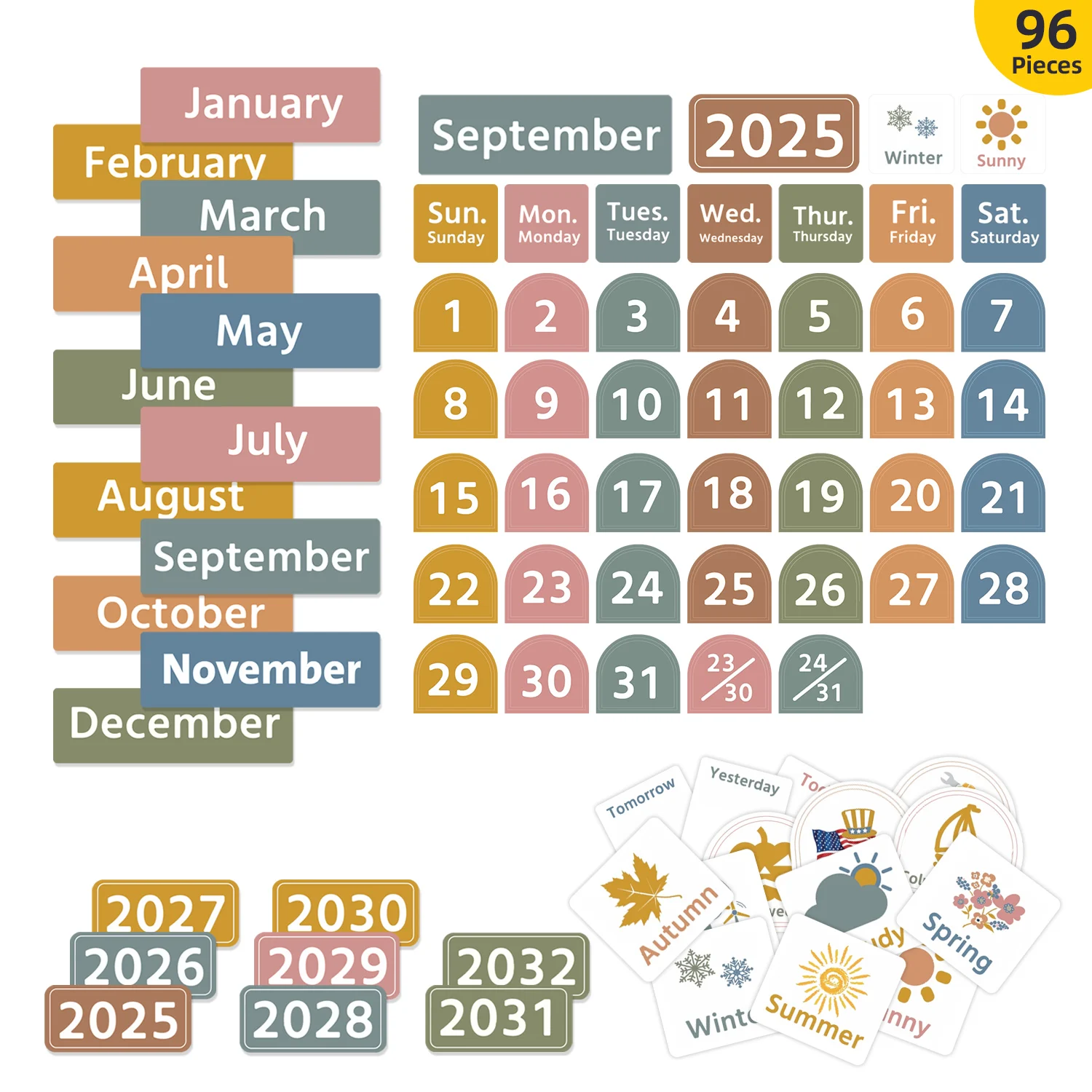 Gráfico de bolsillo grande para calendario de aula con 96 tarjetas Gráfico de bolsillo meteorológico mensual blanco para aprendizaje de niños