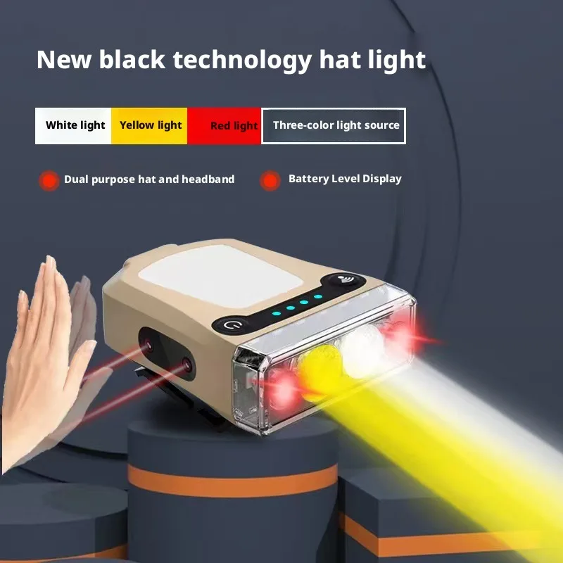 Led Charging Strong Light Sensing Multi-Color Headlamp Head Mounted Clip Lamp Outdoor High Brightness Warm Light