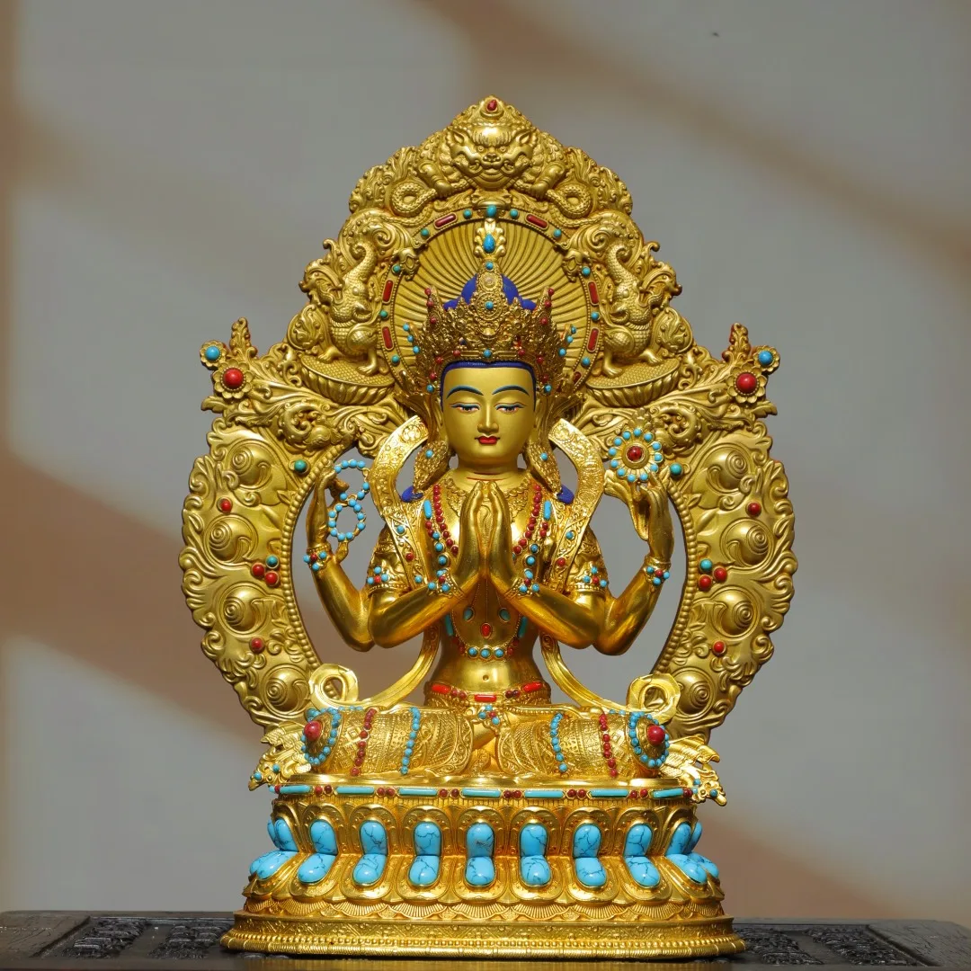 Old Bronze High Relief Gilded Painted Face Mosaic Gem Four armed Guanyin Sitting Buddha Backlight Amitabha Worship Hall