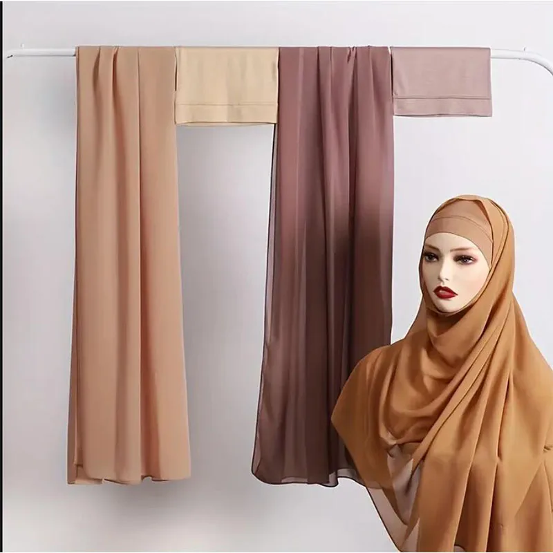 2 Pcs Set Headwear Women Chiffon Scarf Tube Undercap Basic Thin Breathable Hijab with Elastic Inner Hijab Cap Combination