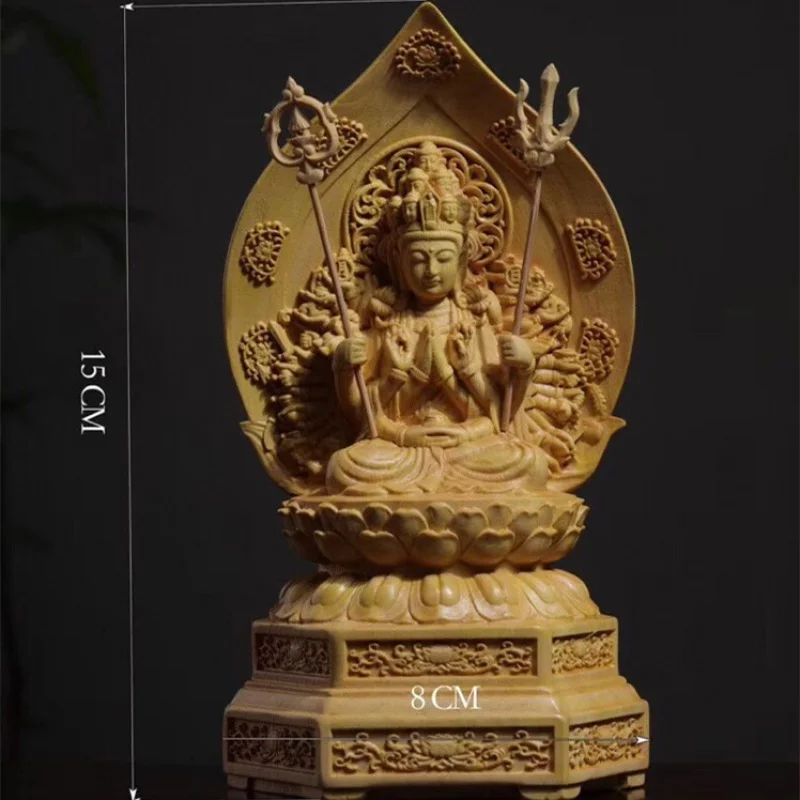 

Boxwood Carving Water Lilies Thousand-Hand Kwan-Yin Buddha Ornament Home Serving Guanyin Decoration Wood Carving Crafts