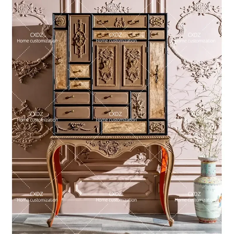 Solid Wood Bucket Cabinet Carved Retro Style Locker TV Stand Dining Sideboard Decorative Storage Unit High End Customizable