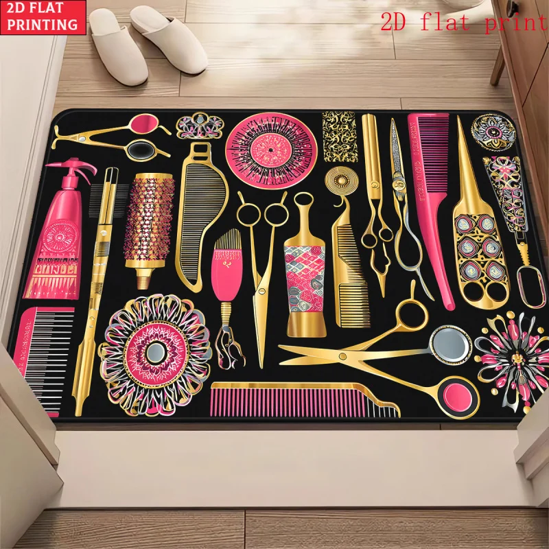 Hairdressing Tools Pink Gold Art Unique Doormat For Salon Creative Design Rug Floor Mat Beauty Enthusiast Decor