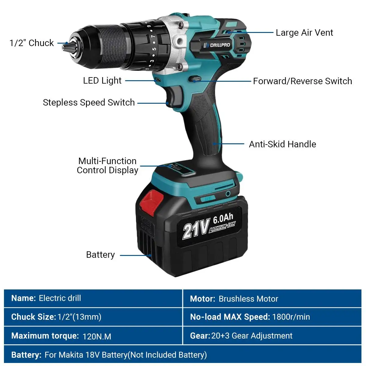 Drillpro 13MM Brushless Electric Impact Drill 20+3 Torque Screwdriver Hammer Drill Winter Ice Power Tools For Makita Battery