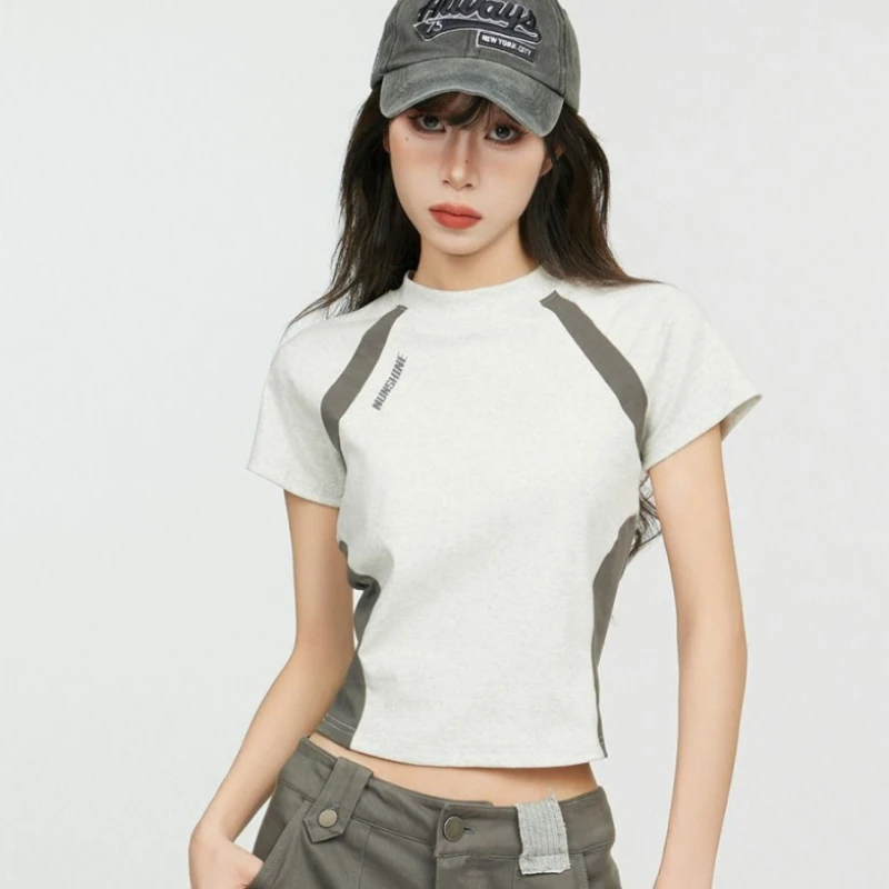 

HOUZHOU American Retro Sports T-shirts Women Y2k Blokecore Slim Up Crop Tos Vintage Harajuku Patchwork Short Sleeve T-shirts