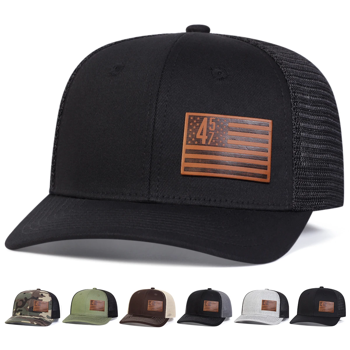 Unisex Brown American Flag 457 Leather Label Baseball Net Caps Spring and Summer Outdoor Adjustable Casual Hats Sunscreen Hat