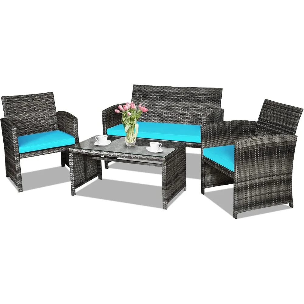 

4-Piece Rattan Patio Furniture Set, Outdoor Wicker Conversation Sofa with Weather Resistant Cushions and Tempered Glass Tabletop