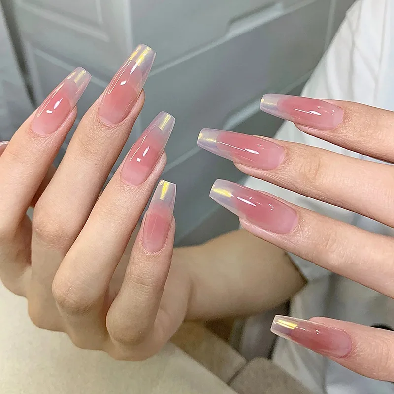 Unhas postiças de capa completa com encantos, pressione unhas com ferramentas, balé longo rosa, blush, coreano, simples, doce, gradiente, 24pcs