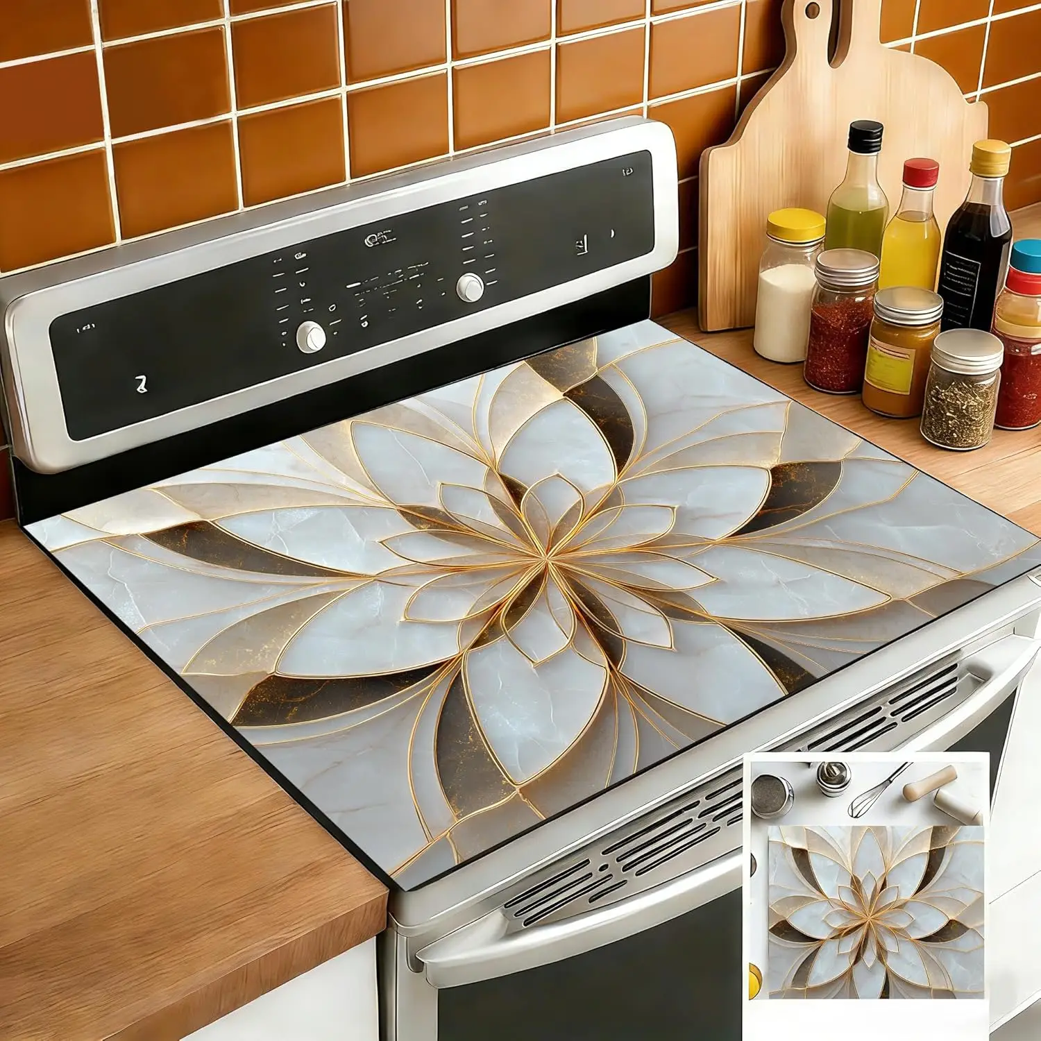 Luxury Gold Geometric Floral Stove Top Cover,Non-Slip Heat Resistant Burner Cover,Marble Effect Stove Protector Mat for Electric