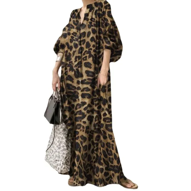 MODX Japanese and Korean New Leopard Print Standing Neck Bubble Sleeve Fashion Loose Casual Bohemian Shirt Dress