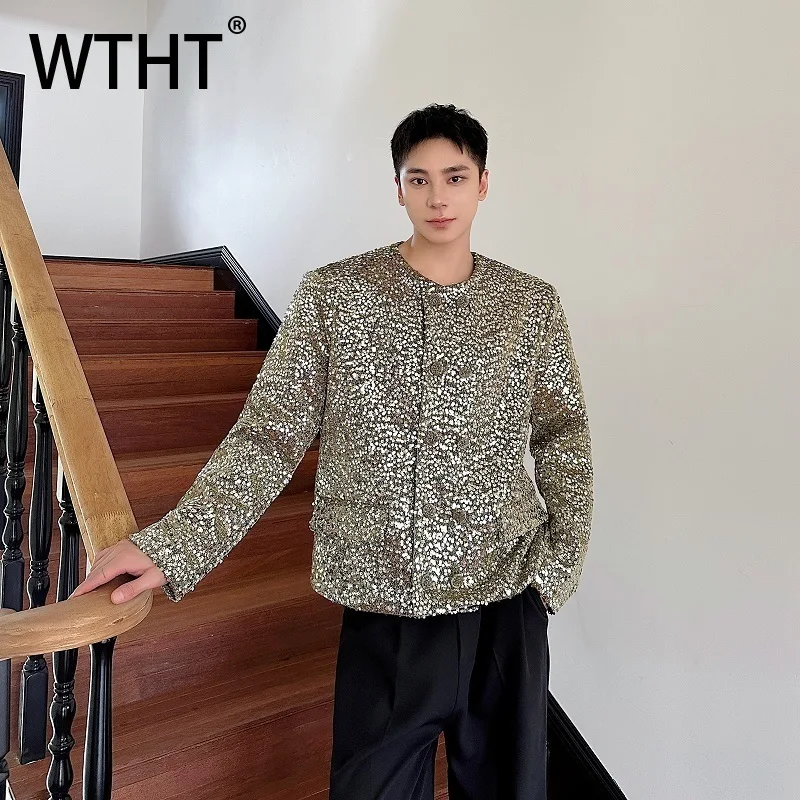

WTHT Trendy Men's Spliced Sequins Design O-neck Casual Coats Fashion Long Sleeves Single-breasted Jacket Male 2025 Autumn 2A1594