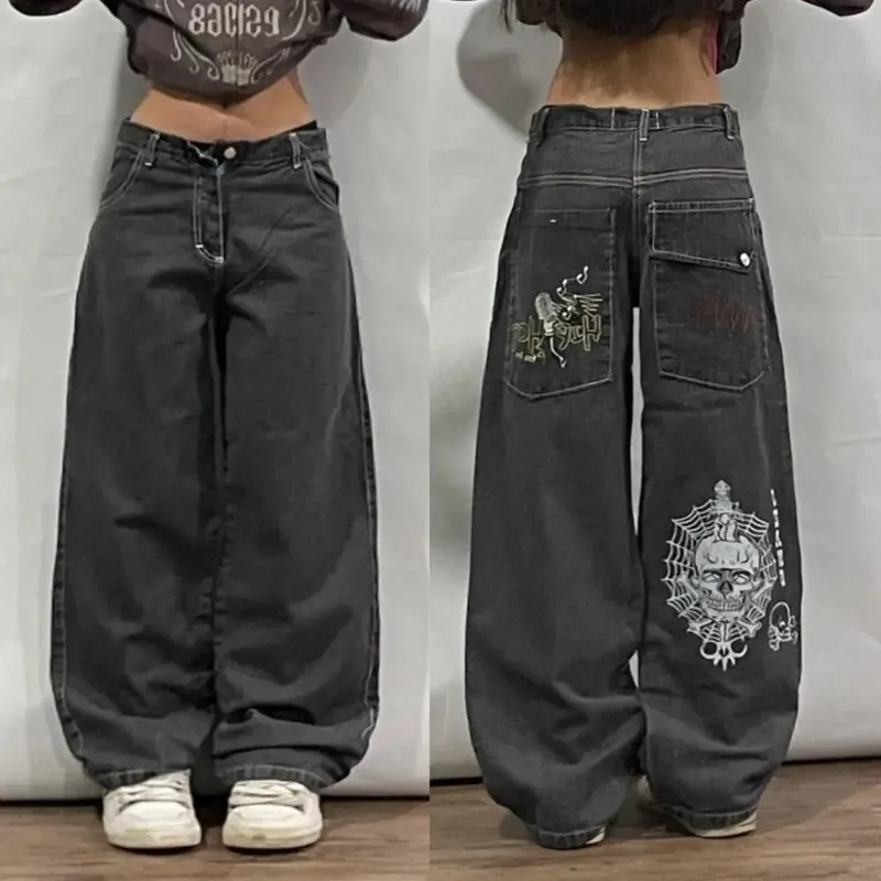 

American New Fashionable Oversized Skulls Print High Waisted Wide Leg Jeans Women Harajuku Personalized Street Casual Sweatpants