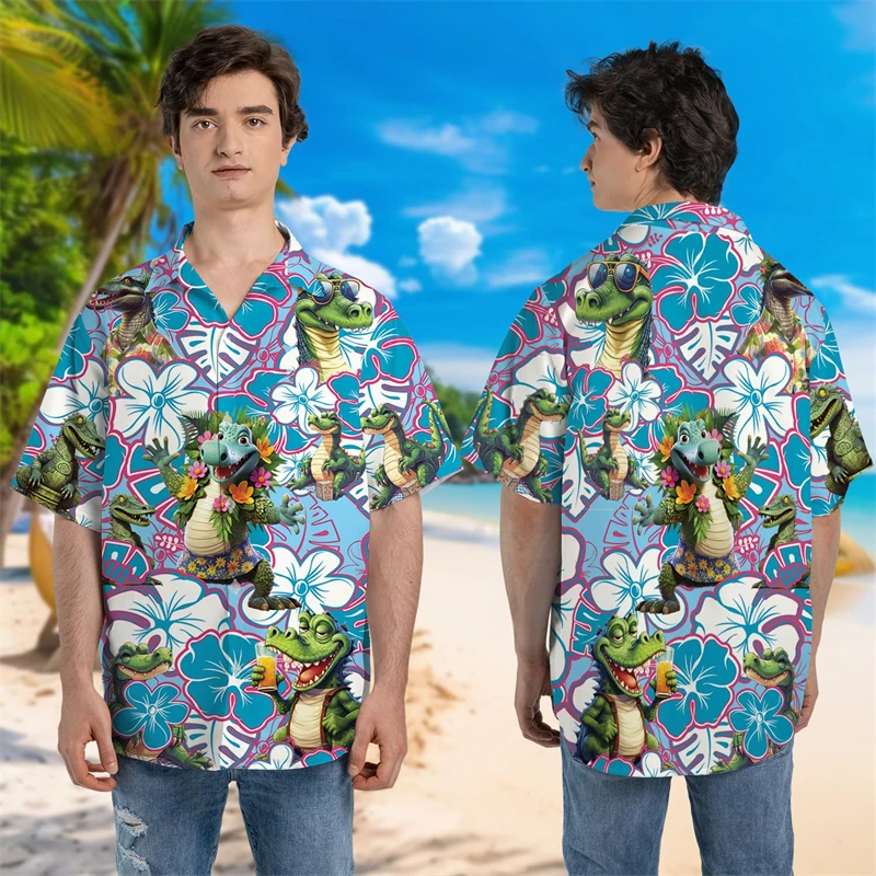 

Harajuku Fashion Crocodile Graphic Beach Shirt Hawaiian Animal Shirts For Men Cartoon Alligator Lovers Button Tops Y2k Blouses