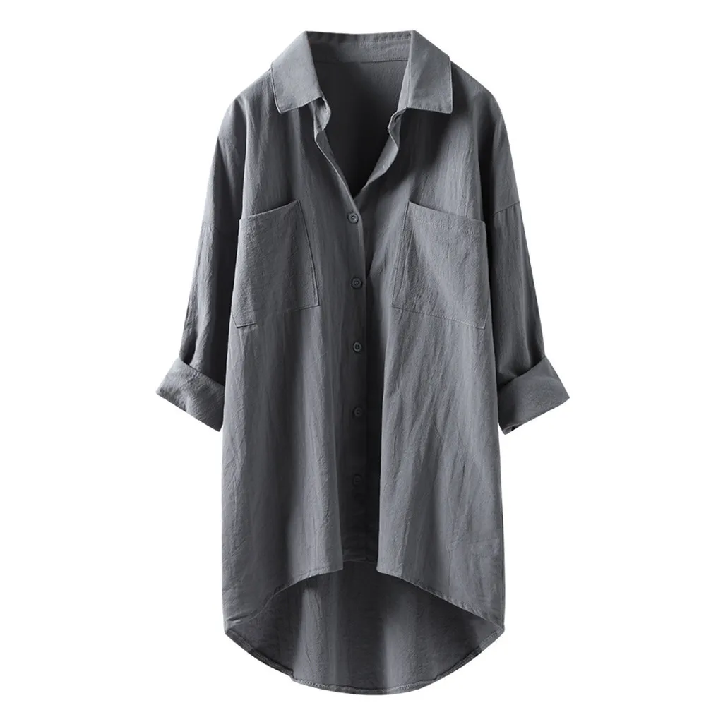 秋の新製品シャツ女性のカジュアルシャツ綿麻ポケット長袖トップ女性 Blusas Elegantes Camisa Branca Femimina