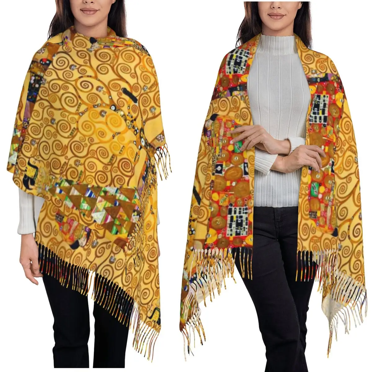 

Gustav Klimt Tree Of Life Scarf Tassel Scarves Women Soft Warm Shawls and Wraps Long Fall Winter Shawl Wrap