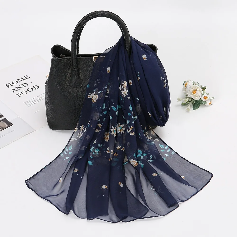 

Versatile 160*50cm Flower Printed Hijab Elegant Long Size Georgette Scarf Sun Protection Breathable Beach Wrap Summer for Women