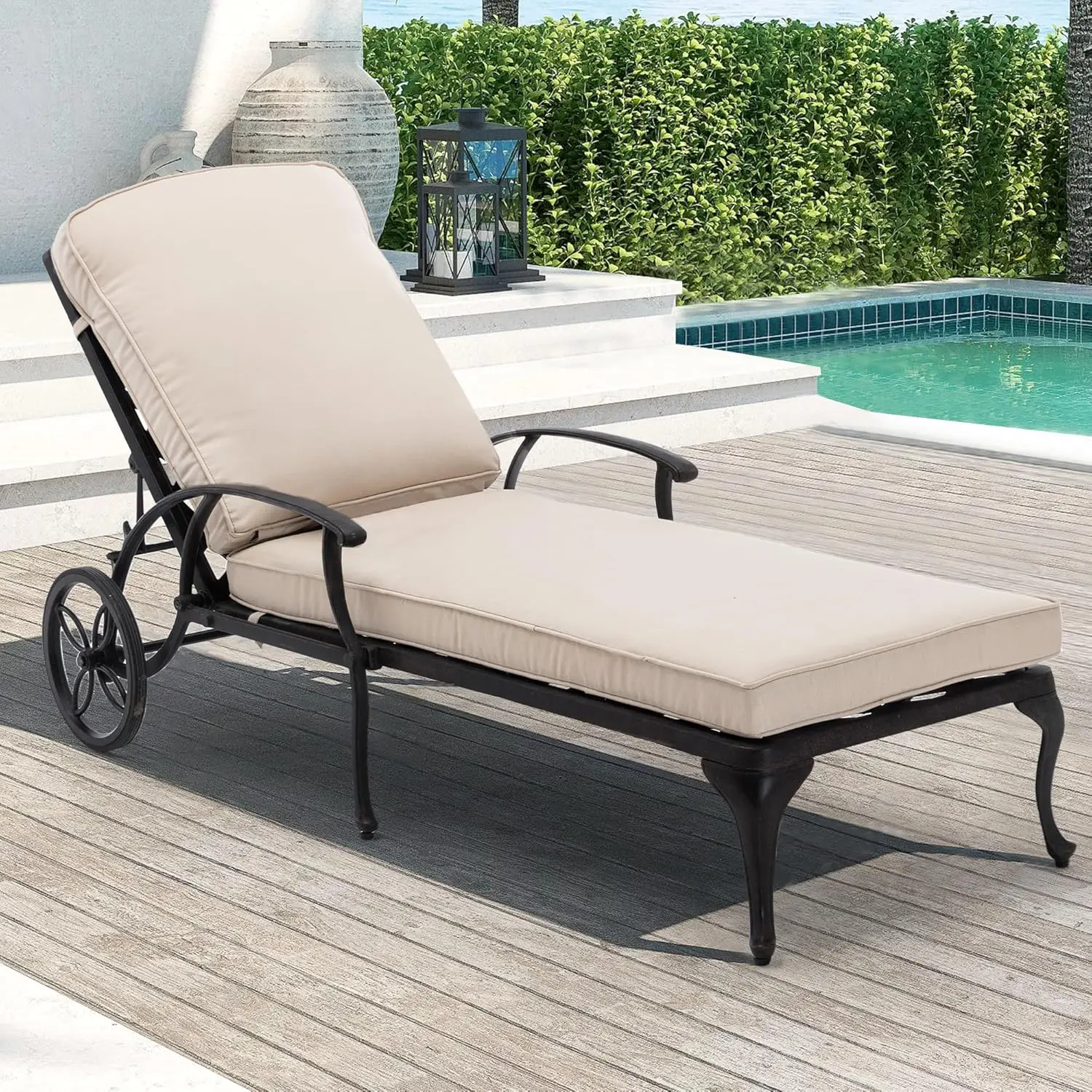 

Chaise Lounge Chair Outdoor- Patio Pool Chairs Tanning Lounges for Outside Beach Lounger Cast Aluminum with Beige Cushion 1Pack