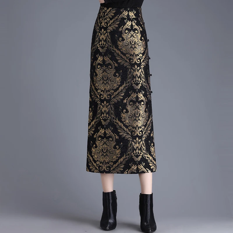 ZUZK Velvet Gold Embossed Straight Skirt Women's Autumn Winter New Retro Slim Fit Split Body  Mid Length One Step Skirt 4XL