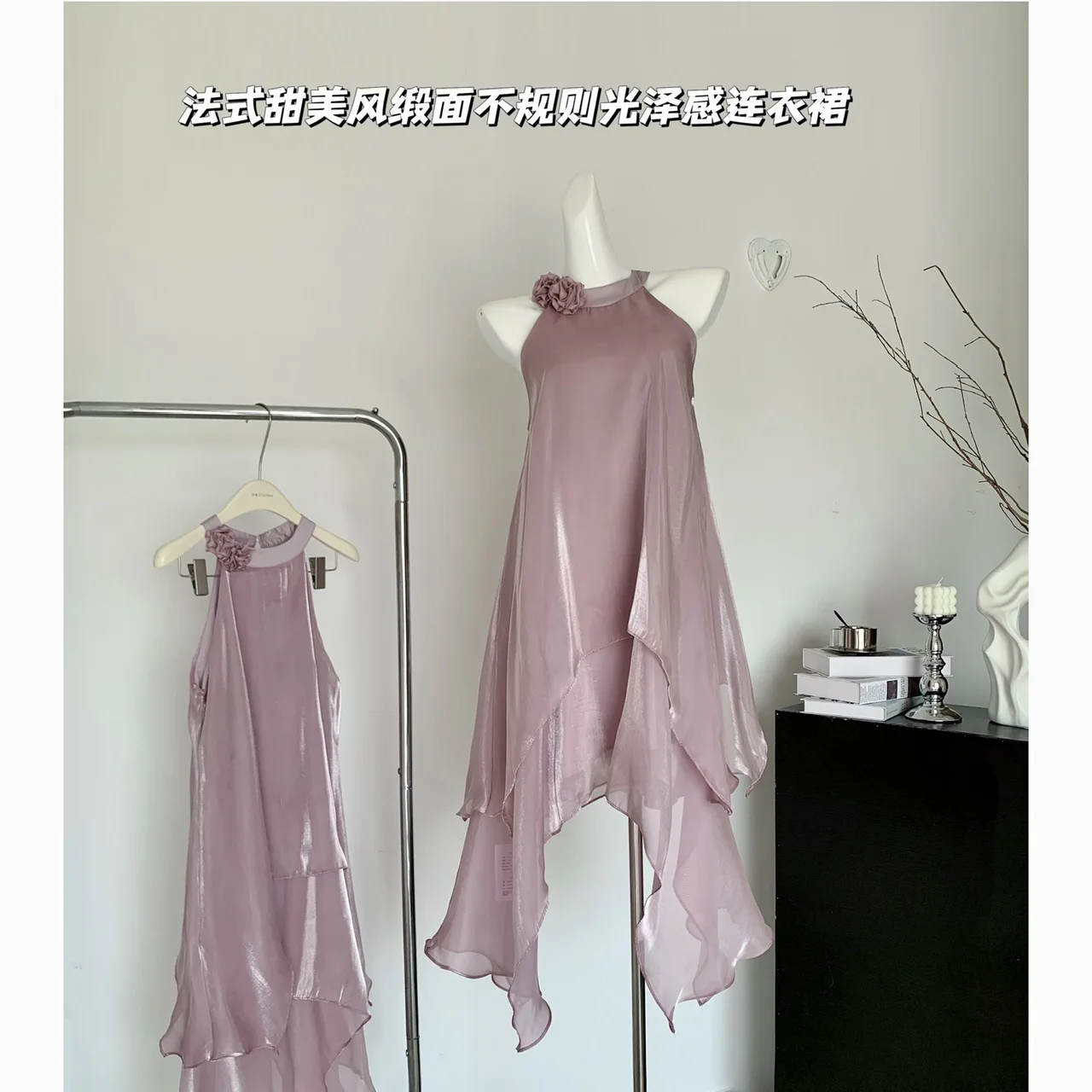 

French Style Sweet Satin Sleeveless Dress Women Irregular 3D Flower O Neck Summer Elegant Ruffles Short A Line Dress G294