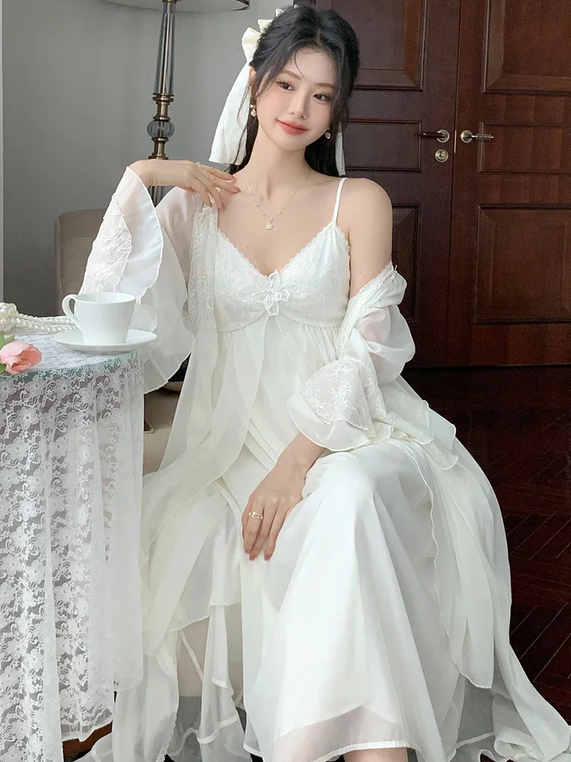 French Sexy Robe Fairy Nightgown Two-piece Set for Women Spring Chiffon Mesh Vintage Princess Pajama Sleepwear Home Clothing