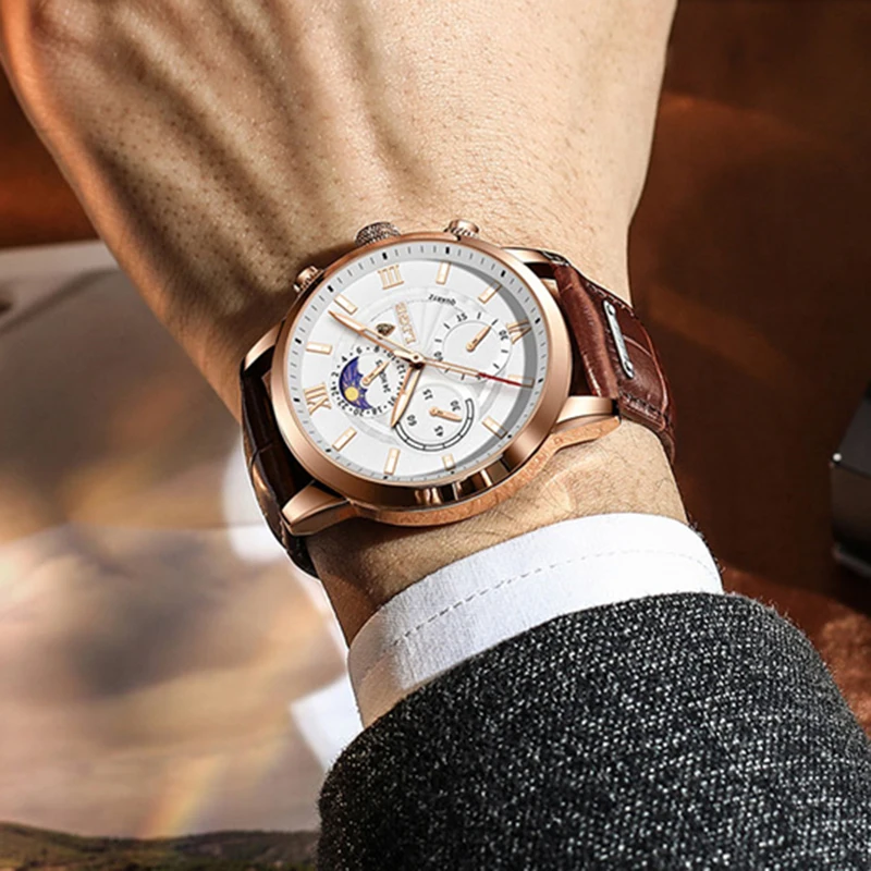 LIGE Fashion Brown Leather Watches For Men Casual Business Men Quartz Watch Waterproof Luminous 24 Hour Moon Phase Chronograph