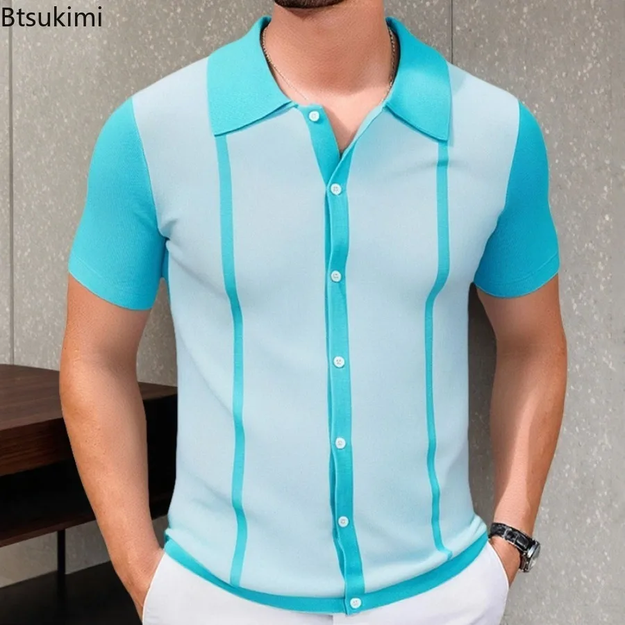 

2025 Men's Summer Casual Shirts Knitted Patchwork Striped Polo Shirt Men Turn-down Collar Button Slim Fit Tops Ice Silk T-shirt