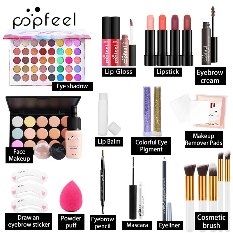 Women's Makeup Gift Set, Eyeshadow Eye Pigment Eyebrow Pencil Lip Gloss Lipstick Lip Balm Makeup Pads Powder Puff Makeup Brushes